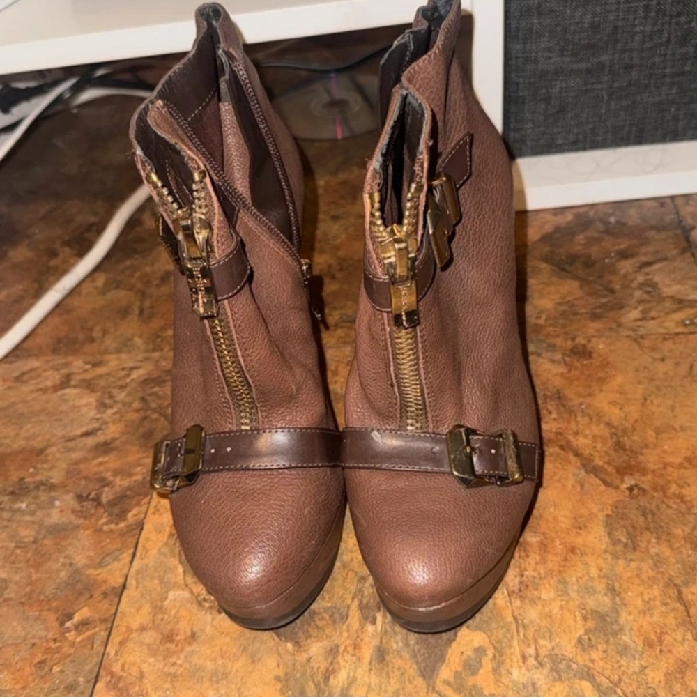 BCBGeneration Brown Leather-Look Front-Zip Ankle Booties with Buckle Detail